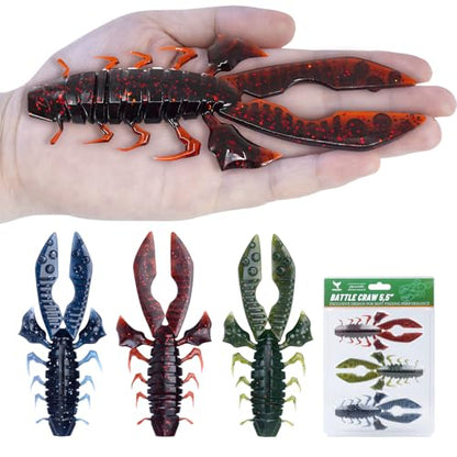 Crawfish Lure 5.5", Soft Plastic Crawdad Creature Bait with Rattles, Weedless Bass Fishing Lure, Realistic Fishing Lures for Freshwater & Saltwater, 3 Pack Red Green Blue - color: red blue green