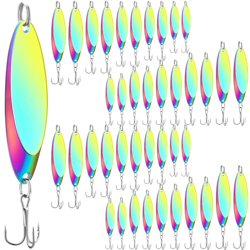 HESTYA Fishing Lures Spoons Saltwater Treble Trout Lures Hard Metal Spinner Baits 5 Sizes Casting Spoon Hooks for Salmon Bass in 1/5 1/4 3/8 1/2 3/4 oz - color: Holographic