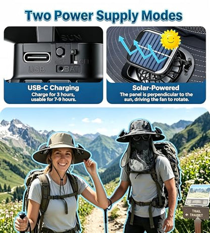 Solar Powered Fan Hat with 2 Fans, Wide Brim Sun Hat for Men Women, Adjustable Cooling Fishing Hat for Outdoor - color: Khaki