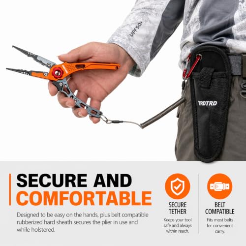 LureLite Pro Aluminum Fishing Pliers-Saltwater-Suitable Split Ring Tools with Fish Hook Remover- Fly Fishing Pliers with Braid Cutters, Sheath & Lanyard-Ideal Gifts for Men in Fishing