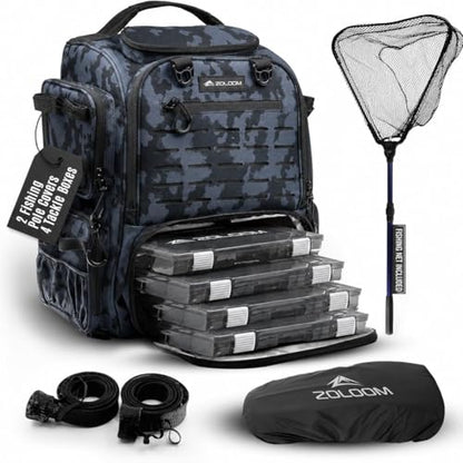 Waterproof Fishing Backpack with Tackle Boxes, Rod Holder & Foldable Net - 40L Fishing Tackle Bag with Trays Included, Extra Storage Gear and Equipment, Rain Cover, Fisherman Gift for Men - color: Black Camo