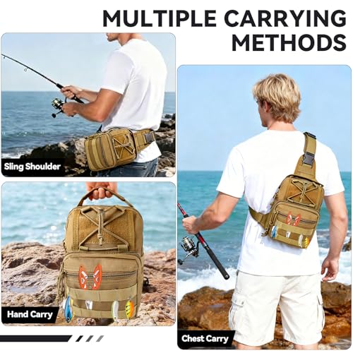 Kynzo Fishing Sling Backpack with Rod Holder, Water-Resistant Fishing Tackle Bag, Durable Shoulder Crossbody Pack for Freshwater Saltwater Fishing(C- Khaki) - color: C- Khaki