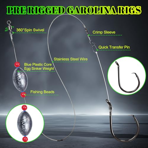 Pre-Rigged Carolina Rig Saltwater, Egg Sinker Grouper Rigs with 10 Circle Hooks, Stainless Steel Leader Fishing Wire, for Snapper Flounder Sea Bass Surf Fishing Bottom Rig - size: 1oz sinker(5pcs)+4/0 hook(10pcs)