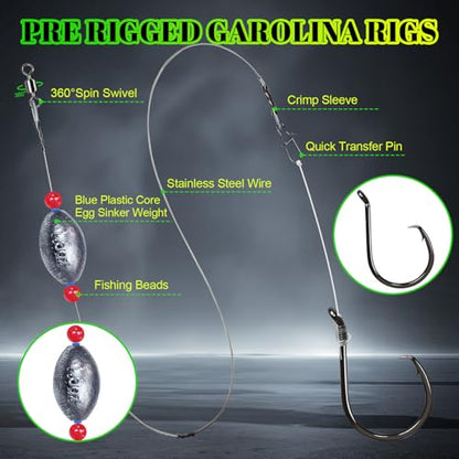 Pre-Rigged Carolina Rig Saltwater, Egg Sinker Grouper Rigs with 10 Circle Hooks, Stainless Steel Leader Fishing Wire, for Snapper Flounder Sea Bass Surf Fishing Bottom Rig - size: 1oz sinker(5pcs)+4/0 hook(10pcs)