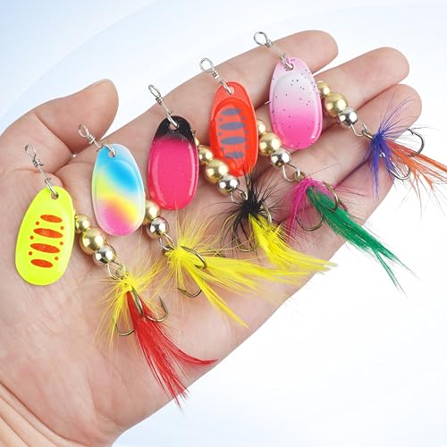 Spinner Baits Bass Lures Rooster Feather Tail Fishing Lures Trout Lures Hard Metal Inline Spinnerbaits for Bass Trout Pike Walleye Salmon with Tackle Box - style: D-5pcs-2.5"-0.24oz
