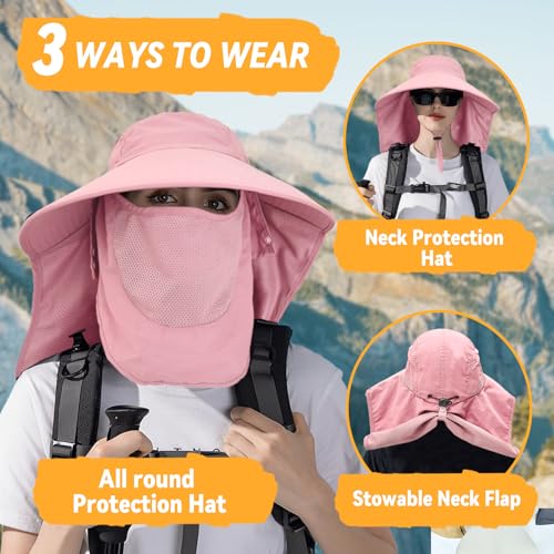 Sun Hats for Men Women Detachable Face Cover Wide Brim Fishing Hats with Neck Flap UPF 50+ Outdoor Safari Hats - color: Pink