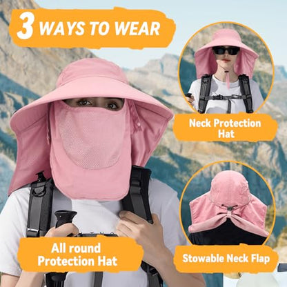 Sun Hats for Men Women Detachable Face Cover Wide Brim Fishing Hats with Neck Flap UPF 50+ Outdoor Safari Hats - color: Pink