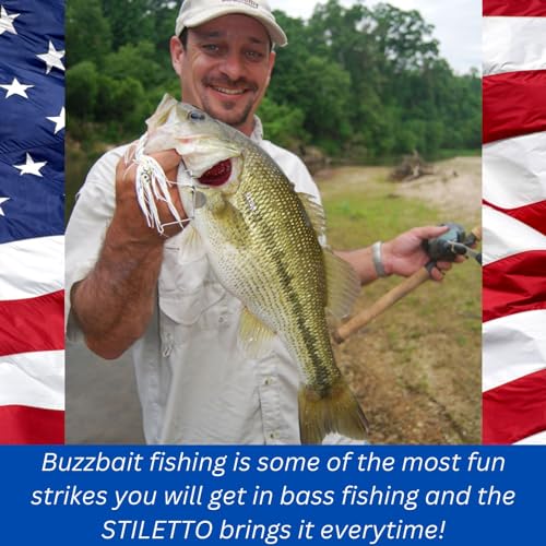 USA BASS Tackle Stiletto Buzzbait Largemouth Smallmouth Spotted Bass Premium Fishing Bait Hover Head Custom Silicon Skirt Mega Bubble Blade Clacker Heavy Duty Hook - color: Fire Tiger