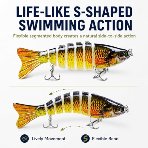 Rattling Fishing Lures 3 Pack, Multi-Jointed Swimbaits with Treble Hooks, Lifelike S-Swimming Hard Baits for Bass, Trout, Crappie & Perch