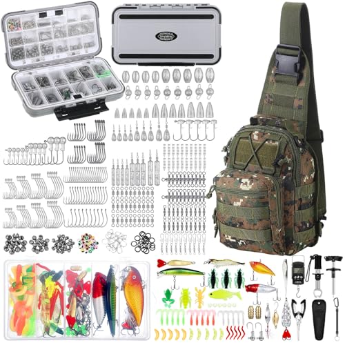 Seenelling 482 Pcs Fishing Tools Kit Fishing Accessories Kit Include Fish Hook Lures Hook Remover Lip Gripper Backpack for Men Women Gifts - color: Camo
