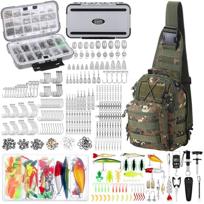 Seenelling 482 Pcs Fishing Tools Kit Fishing Accessories Kit Include Fish Hook Lures Hook Remover Lip Gripper Backpack for Men Women Gifts - color: Camo