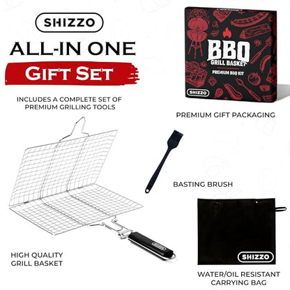 SHIZZO Shallow Grill Basket Set, Grilling Accessories Barbecue BBQ, Stainless Steel Folding Portable Outdoor Camping Rack for Fish, Shrimp, Vegetables, Cooking Accessories, Gift for Family, Freinds