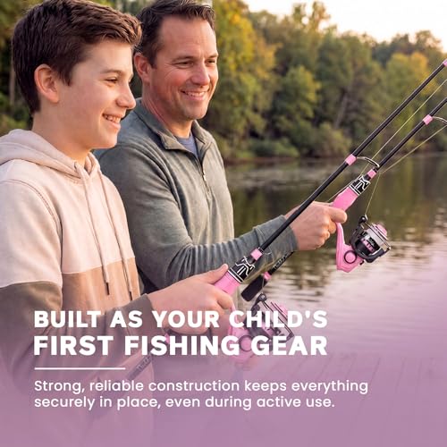 DaddyGoFish Spinning Fishing Rod and Reel Combo Set with Tackle Box | Kids Fishing Pole | Carbon Fiber Telescopic Fishing Rod Kit | Spinning Reel for Travel Saltwater Freshwater Fishing Gear Kit - color: Pink