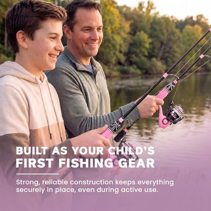 DaddyGoFish Spinning Fishing Rod and Reel Combo Set with Tackle Box | Kids Fishing Pole | Carbon Fiber Telescopic Fishing Rod Kit | Spinning Reel for Travel Saltwater Freshwater Fishing Gear Kit - color: Pink