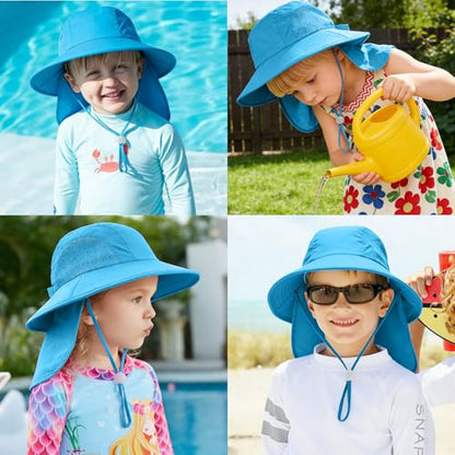 Outdoor Kids Sun Hats with Neck Flap Boys Girls Wide Brim UPF 50+ UV Protection Children Bucket Hat Safari Hat - color: 1pack-blue