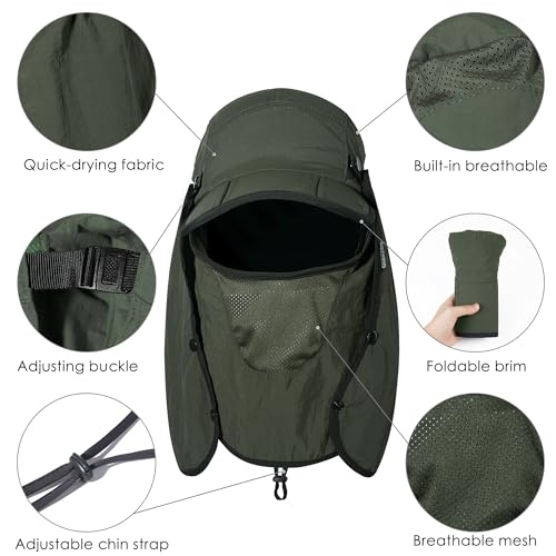 GADIEMKENSD UPF 50+ Folding Fishing Hat 360 Outdoor Sun Hat - color: Army Green