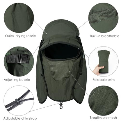 GADIEMKENSD UPF 50+ Folding Fishing Hat 360 Outdoor Sun Hat - color: Army Green