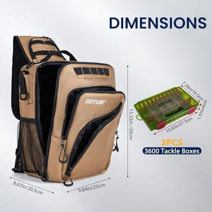 Goture Khaki Fishing Bag with Tackle Boxes, Crossbody Sling Tackle Backpack for Men, 20L Large Capacity Fits 3600 Trays, Durable Fishing Gear Storage, Best Fishing Gifts for Anglers - color: Khaki, style: 1680d Double-strand Pu Backpack + (3)3600 Trays