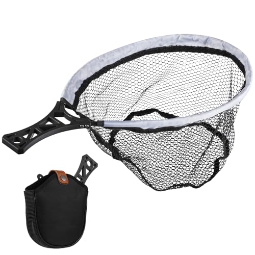 Folding Fly Fishing Net, Lightweight Rubber-Coated Mesh Landing Trout Net with Tackle Bag, Non-Slip Handle, Fly Fishing Gear for Beginners