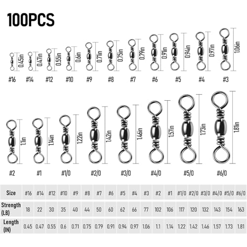 Alwonder 100-Pack Fishing Barrel Swivels, High Strength Stainless Solid Ring Brass Barrel Swivel with Black Nickel Coating, Rolling Fishing Swivels Tackle Line Connector Saltwater Freshwater - size: #10-35LB