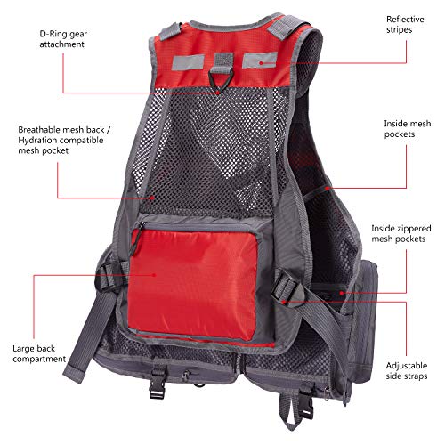 BASSDASH Strap Fishing Vest Adjustable for Men and Women, for Fly Bass Fishing and Outdoor Activities - color: F22 - Red