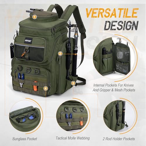Goture Fishing Backpack with 4 Tackle Boxes, 900D Water-Resistant Tackle Backpack with Rod Holders,Insulated Cooler Compartment, 55L Large Capacity Fishing Gear Storage Bag for Saltwater & Freshwater - color: A3:green(4 Tackle Boxes Included)