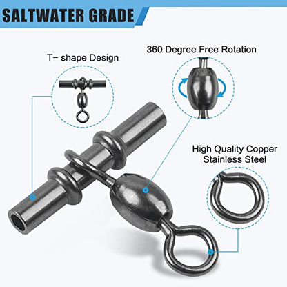 Fishing Cross Line 3 Way Swivel,40pcs T-Shape Sleeve Swivels Heavy Duty Crimp Crane Swivel Brass Triple Swivels for Deep Drop Rigs Saltwater Fishing Tackle - size: 2/0-165lb-40PCS