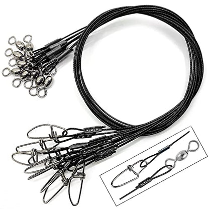 YOTO Steel Fishing Leaders Wire丨125LB Heavy Duty Saltwater Fish Leader丨High Strength Leader with Swivel and Snap - color: black-15pcs