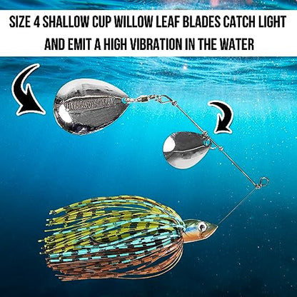 Lunkerhunt Spinner Baits for Bass Fishing with Skirt Jig | Double Willow Leaf Metal Blade Spinning Fishing Lure Bait Emits High Vibration Attracts and Cast Big Fish | Effective Swim Bass Jigs Plastic - color: Cabbage