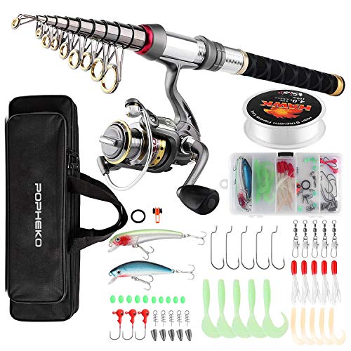 Telescopic Fishing Rod Reel Combo Travel Spinning Pole Set with Accessory | Saltwater Freshwater Fishing Gear Tool Kit with Carbon Fiber Rod Reel Lures Hooks Carrier Bag for Kids Adults Beginner - color: Black-5.9FT