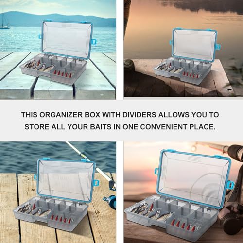 Fishing Lure Storage Box Waterproof Large Utility Tackle Box with Adjustable Dividers and Four Lock Closures Blue for Fishing Gear and Bait Organization