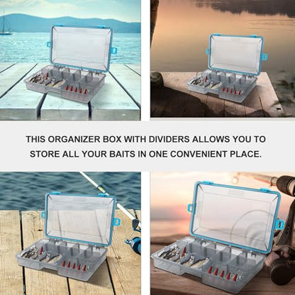 Fishing Lure Storage Box Waterproof Large Utility Tackle Box with Adjustable Dividers and Four Lock Closures Blue for Fishing Gear and Bait Organization