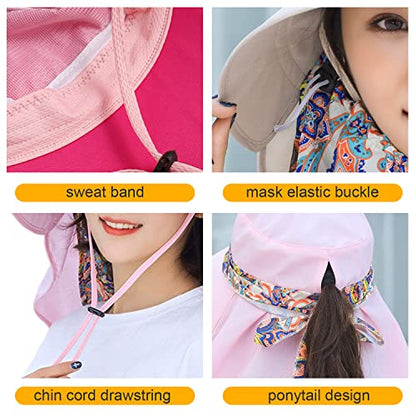 Women Wide Brim Face Mask Sun Hat Detachable Neck Face Flap Ponytail UV Protection Visor Hat Garden Fishing Hiking - color: M9099-xueyafen