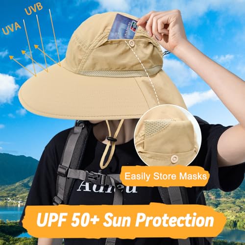 Sun Hats for Men Women Detachable Face Cover Wide Brim Fishing Hats with Neck Flap UPF 50+ Outdoor Safari Hats - color: Beige