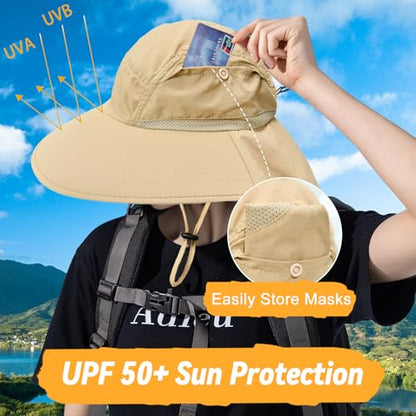 Sun Hats for Men Women Detachable Face Cover Wide Brim Fishing Hats with Neck Flap UPF 50+ Outdoor Safari Hats - color: Beige