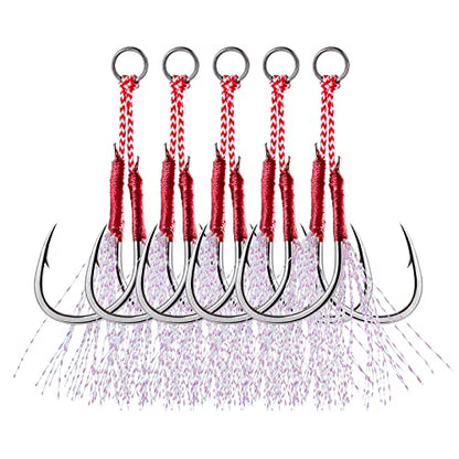 Goture Double Fishing Assist Hooks Kit Jig Assist Glow Hook Slow Fast Fall Jigs Fishing Hook for Lead Vertical Jigging Lures Pack of 5 - color: Red, size: #1/0 0.53oz(20pcs)