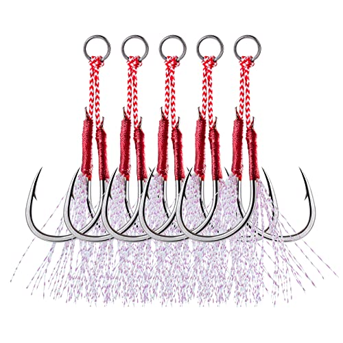 Goture Double Fishing Assist Hooks Kit Jig Assist Glow Hook Slow Fast Fall Jigs Fishing Hook for Lead Vertical Jigging Lures Pack of 5 - color: Red, size: #3/0 (5pcs)