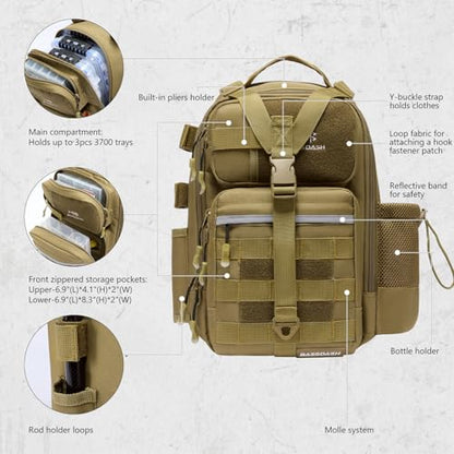BASSDASH Convertible Fishing Backpack Sling Bag with Rod Holder, Adjustable Tactical Water-Resistant Tackle Storage Pack FP07 - color: Brown Khaki, size: Standard