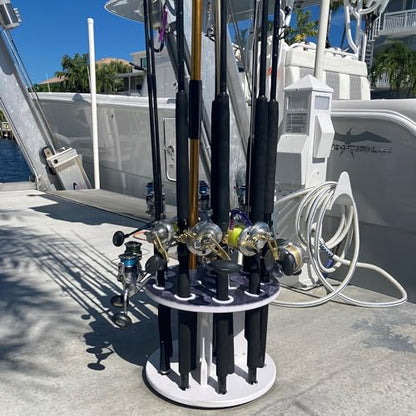 Rush Creek Creations Reel Salty 12-Rod Marine Grade Saltwater Spinning Fishing Pole Holder, Waterproof Round Fishing Rod Holder with 360° Access, Gray/White