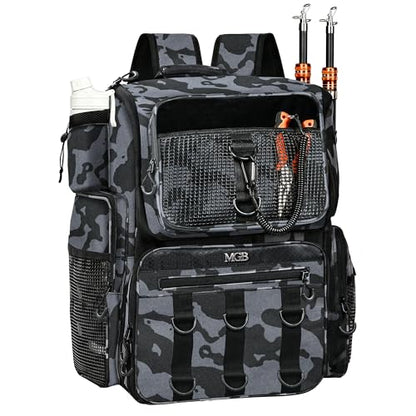 MGB 46L Fishing Tackle Backpack with 2 Rod Holders & YKK Zipper Storage Fishing Gear and Equipment, Gifts for Men Father - color: Blue+Black Camo（without Tackle Box）