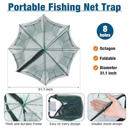 6 Pcs Fishing Net Trap Portable Folded, Crab Trap Minnow Trap, Fishing Landing Net with Telescoping Pole Handle, Casting Net Bait Trap with Heavy Duty Sinker and Storage Bucket