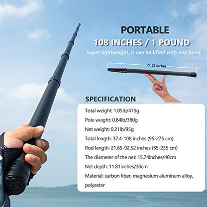 9ft/11.15ft Extra Long Fishing Net with Telescoping Handle, Carbon Fiber Extendable Landing Net, Dip Net for Fishing, Crab nets for Crabbing, Rubber Coated Netting, Holds up to 20lbs - style: 9ft/108"
