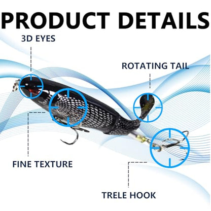 1-Pack Topwater Fishing Lures & Crankbaits Set - High-Action Popper Bass Lures with Rotating Tail, Saltwater/Freshwater Hard Baits for Trout, Pike, Catfish | Vibrating Lure Kit with Storage Box - color: black