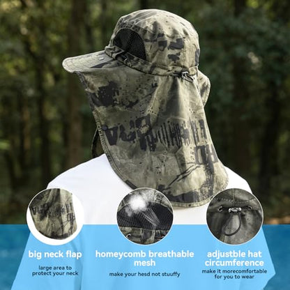 ALANDUO Wide Brim XXL Sun Hats for Men Big Head, UPF 50+ Fishing Sun Hat with Neck Face Flap, Safari Boonie Hat for Men Women - color: Ink Army Green