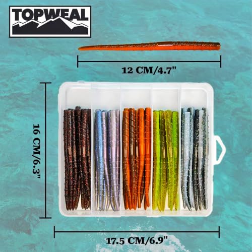 Senko Worms for Bass Fishing, 5” Soft Plastic Stick Baits 50PCS, Floating TPE Ned Rig Worm Kit, Durable Stretchy Bass Lures for Wacky, Texas Rig Freshwater Saltwater