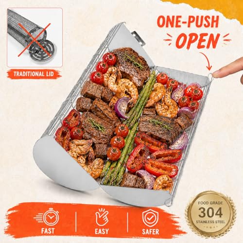 2-Pack Rolling Grill Basket with Easy-Open Latch & Detachable Wooden Handle, 304 Stainless Steel Vegetable Grill Basket Set for Outdoor BBQ Veggies Fish Meat - Gift for Men Dad Husband