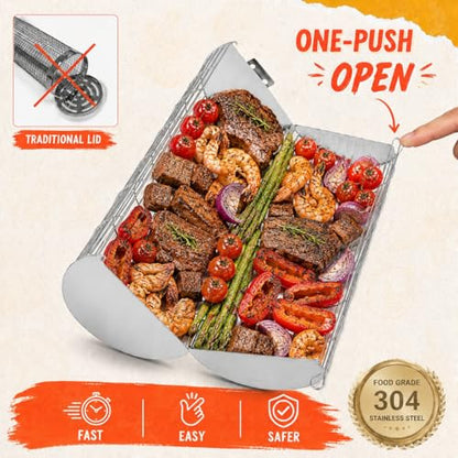 2-Pack Rolling Grill Basket with Easy-Open Latch & Detachable Wooden Handle, 304 Stainless Steel Vegetable Grill Basket Set for Outdoor BBQ Veggies Fish Meat - Gift for Men Dad Husband