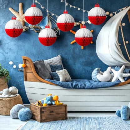 Fourluoo 12 Pcs Gone Fishing Party Decorations Fishing Bobbers Floats Honeycomb Ball for Fishermen Party Supplies Bobber Paper Hanging Ceiling Sign for Birthday Baby Shower Decor(Red,7.9 x 9 Inch) - size: 7.9 x 9 Inch