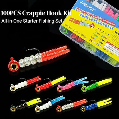 100PCS Crappie Lures Kit, Split Tail Soft Plastic Baits & 3 Sizes Jig Heads 1/32oz 1/16oz 1/8oz, Panfish Bluegill Shad Minnow Fishing Jig Lures Complete Tackle Box Set - size: 20pcs 1/16oz Jig Heads + 80pcs Soft Lures Combo