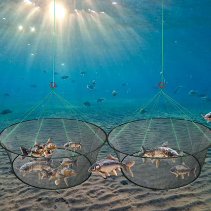 Lasnten 2 Set Portable Foldable Fishing Net Set, 2 Open Mouth Nets, 4 Bait Cages, Durable Crab Net Fish Nylon Net, Good for Freshwater & Saltwater Fishing, Includes Drawstring Bags and Safety Ropes
